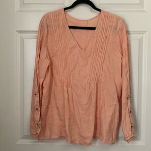 Sundance 100% linen peach long sleeve blouse pleated chest v-neck neckline